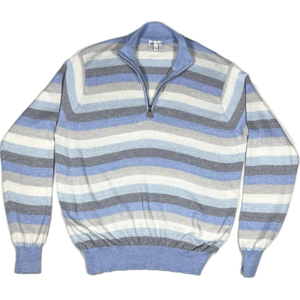 Peter Millar Men's L Merino Wool Linen Quarter Zip Blue‎ Stripe Sweater Preppy